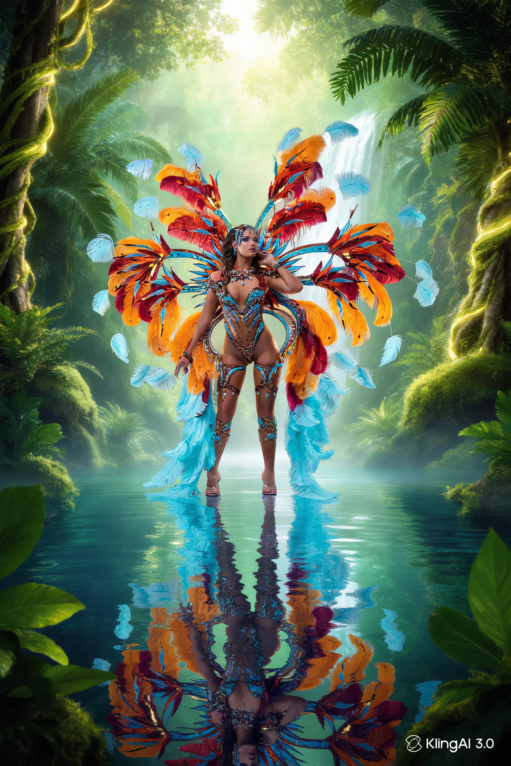Ember: full-length carnival costume in flame-orange and turquoise feathers, standing in a reflecting pool beneath a jungle waterfall